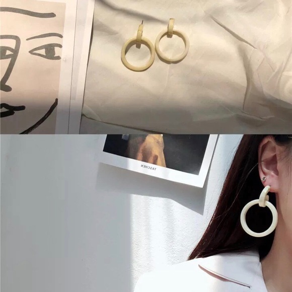 Cream Acrylic Round Pendant Hoop Earrings - Picture 3 of 3